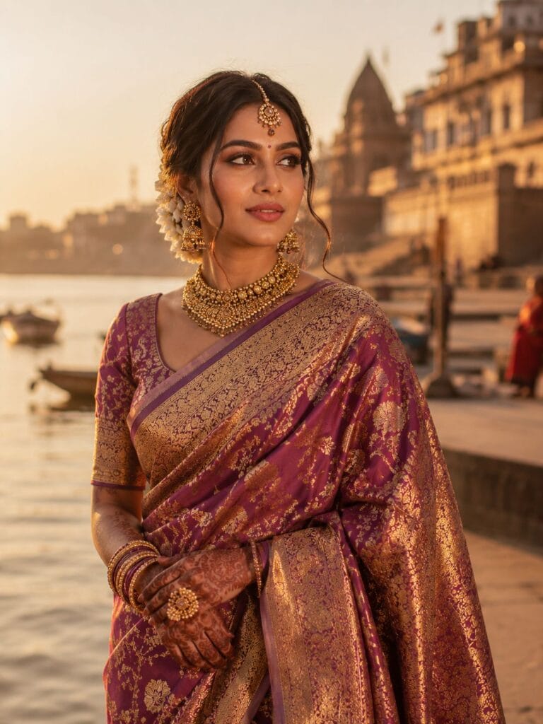 Indian bride in Banarasi saree posing near Varanasi Ganga ghat with bridal makeup.