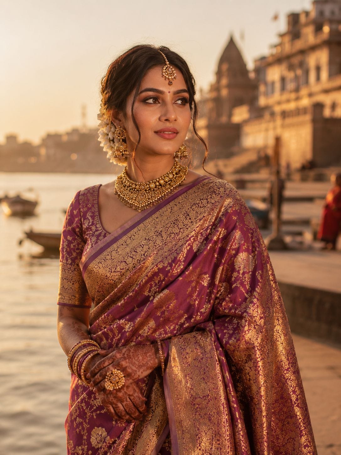Indian bride in Banarasi saree posing near Varanasi Ganga ghat with bridal makeup.