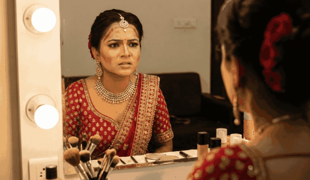 Indian bride with cakey foundation and mismatched skin tone under bright indoor lighting.