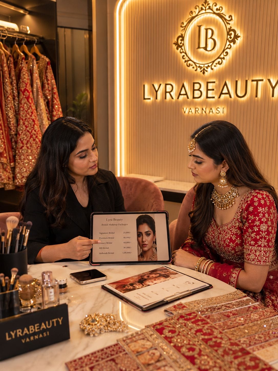 Indian makeup artist discussing bridal makeup pricing and packages with bride in lyra beauty .