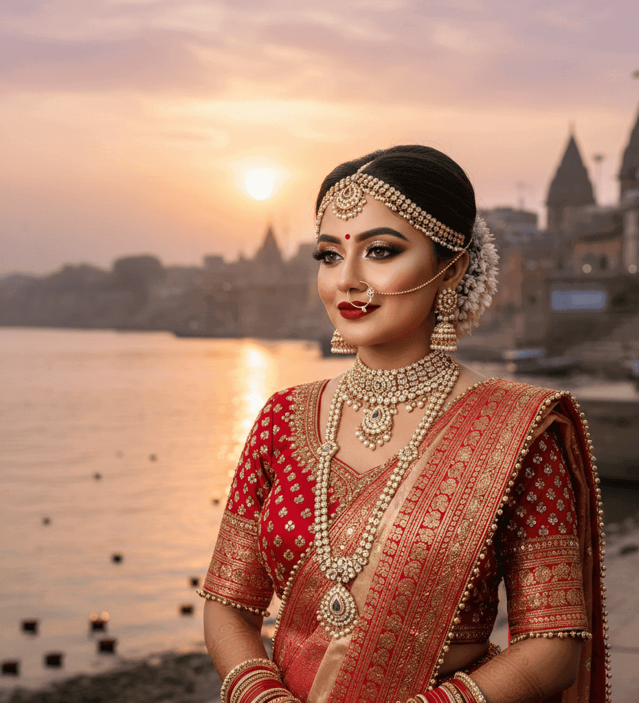 Traditional Indian bride with elegant bridal makeup in Varanasi wearing lehenga and bridal jewelry