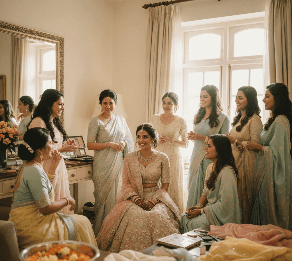 Bride and bridesmaids getting ready with wedding makeup in Varanasi