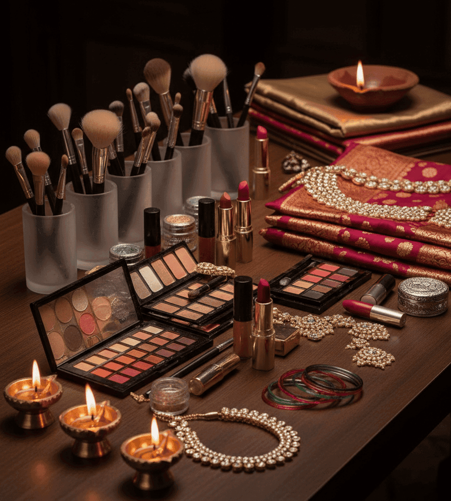 Bridal makeup products and tools arranged for Indian wedding makeup in Varanasi