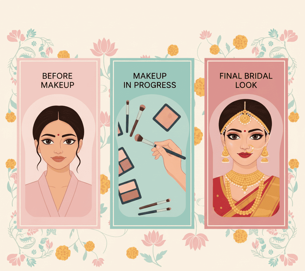 Bridal makeup stages from before to after look for a Varanasi wedding