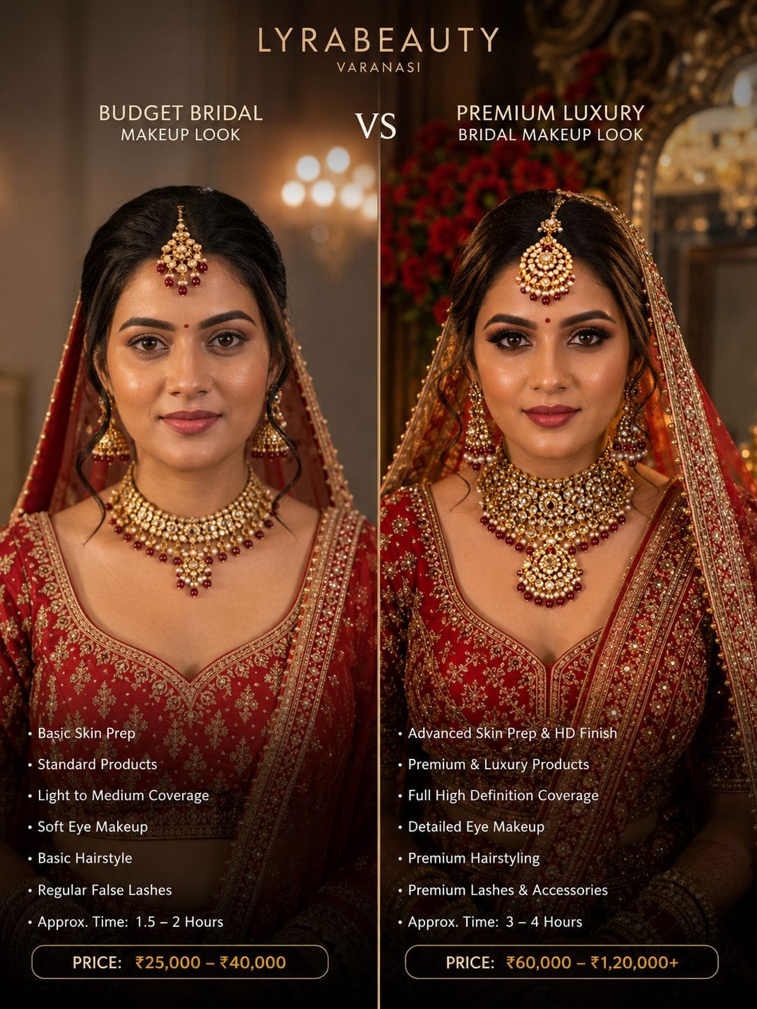 Comparison between budget and premium Indian bridal makeup looks.