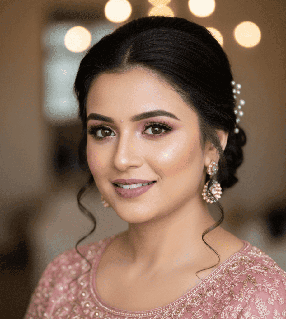 Dusty rose lehenga HD engagement makeup look for modern brides in Varanasi