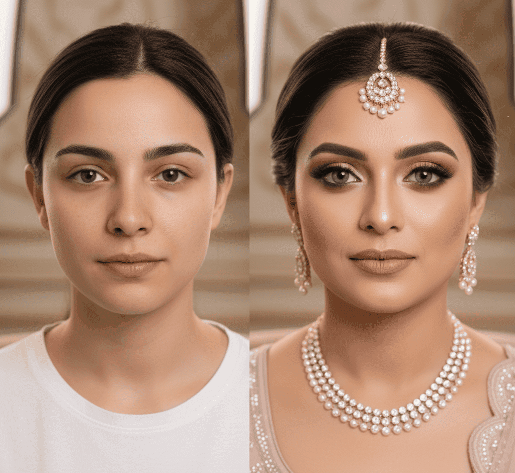 Before and after engagement makeup transformation by the best makeup artist in Varanasi
