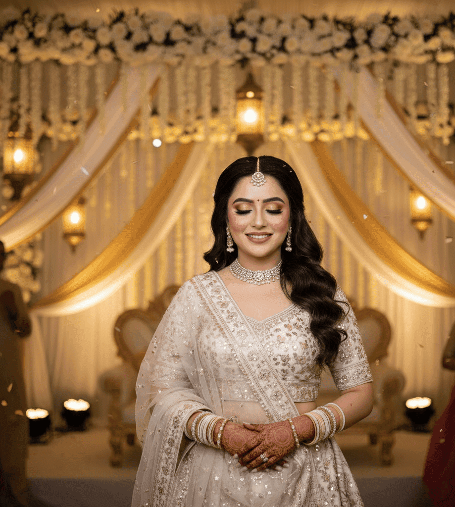 HD engagement makeup in Varanasi with pastel peach lehenga and soft glam bridal look