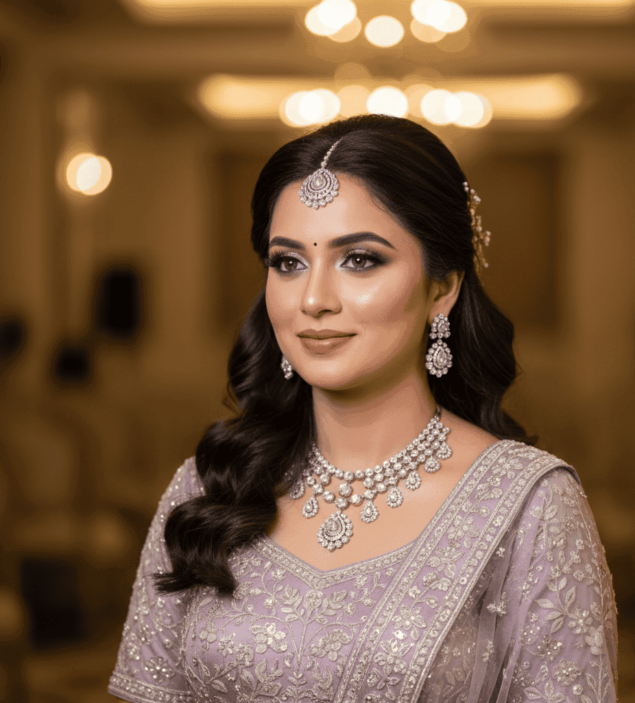 HD engagement makeup in Varanasi with pastel peach lehenga and soft glam bridal look