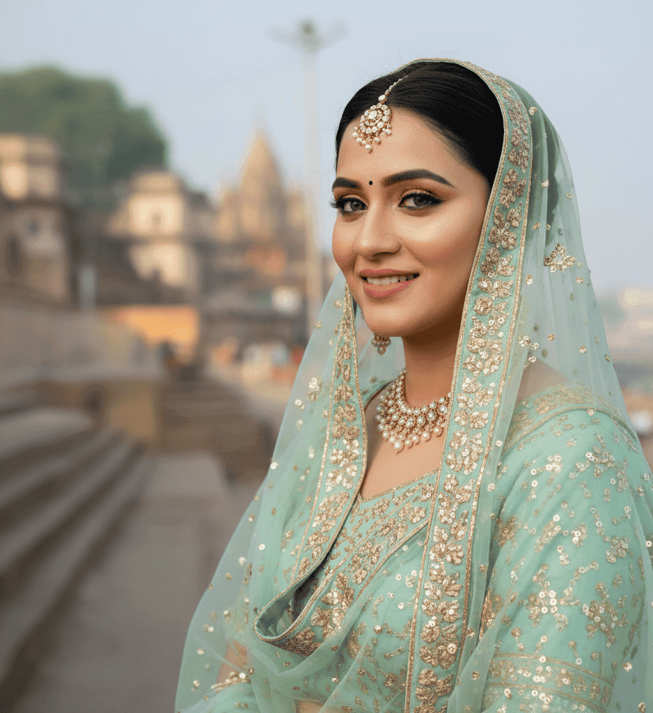 Mint green lehenga HD engagement makeup for daytime engagement in Varanasi