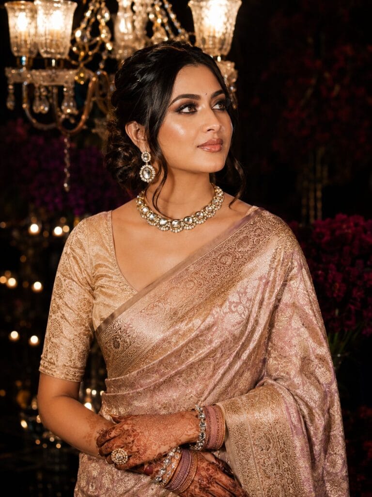 Indian reception bride in designer Banarasi saree with glamorous bridal makeup.