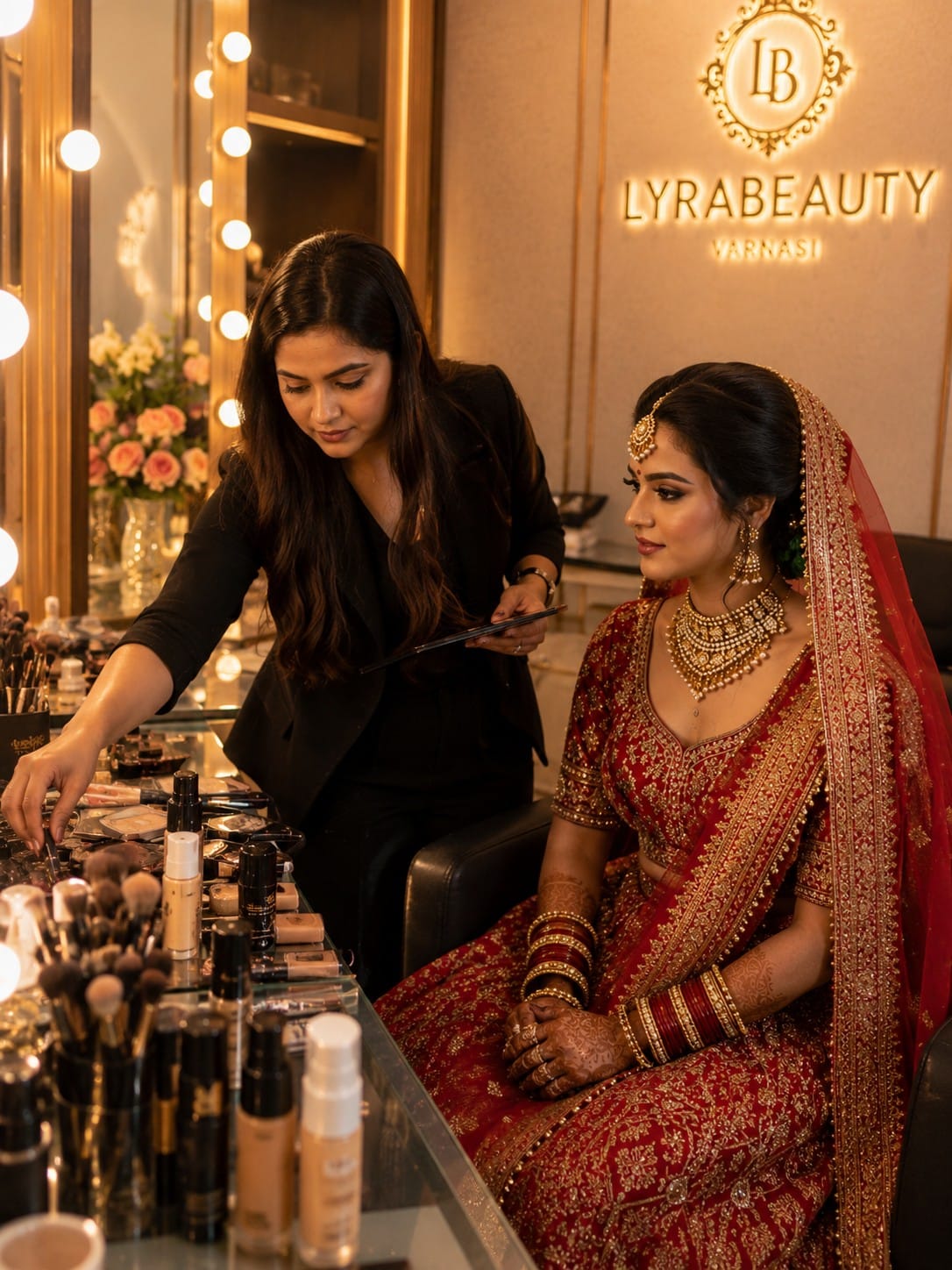 Luxury bridal makeup studio interior with bride preparing for wedding in Varanasi.