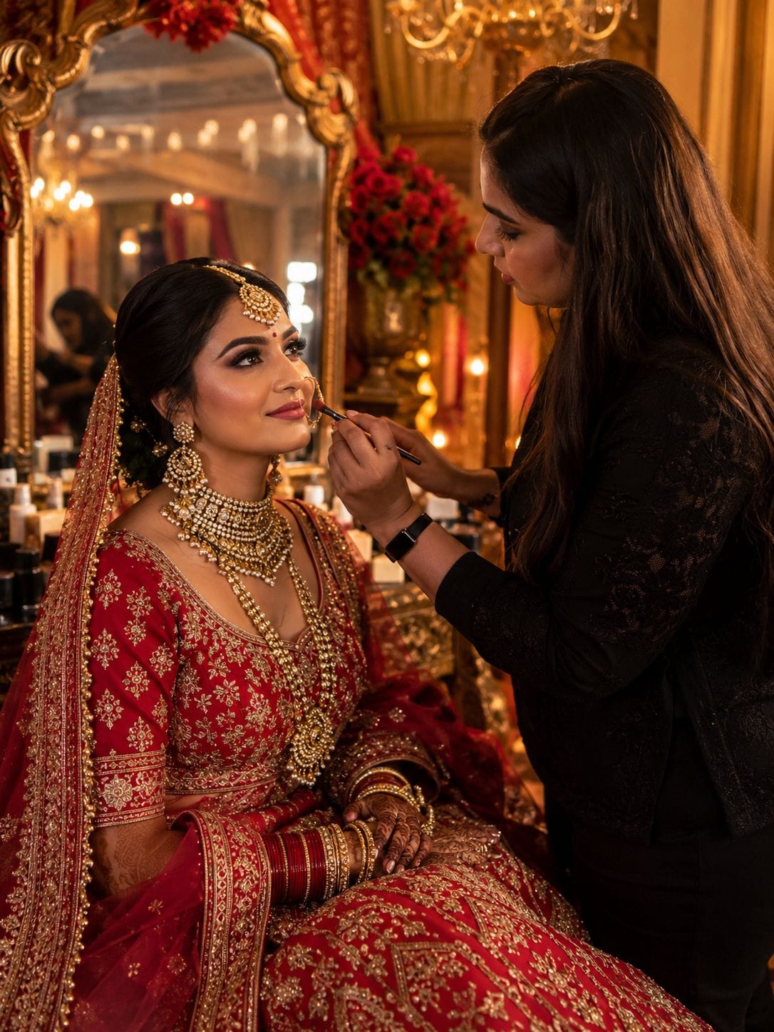 Indian bride getting luxury bridal makeup in traditional Banarasi wedding setup in Varanasi.