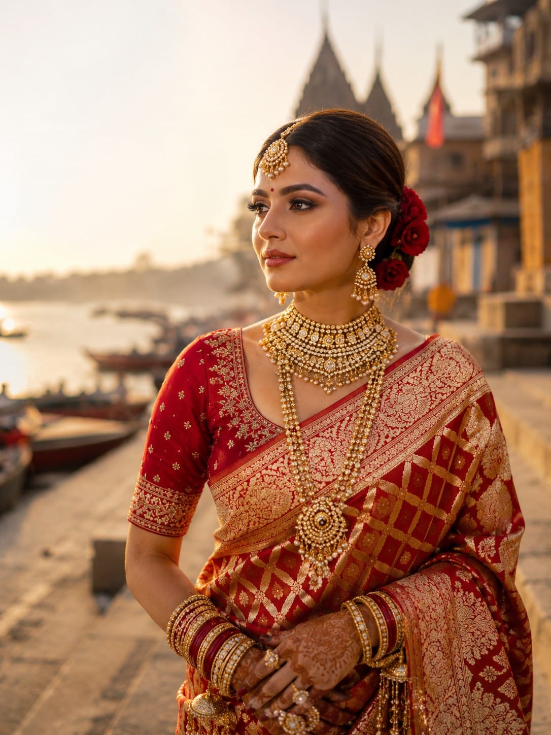 Indian bride wearing Banarasi saree with glamorous bridal makeup and traditional jewelry.