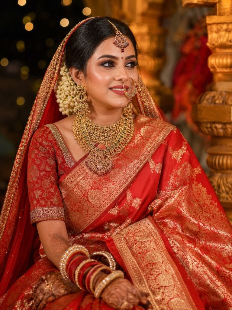 Indian bride wearing red Banarasi saree with traditional bridal makeup and gold jewellery.