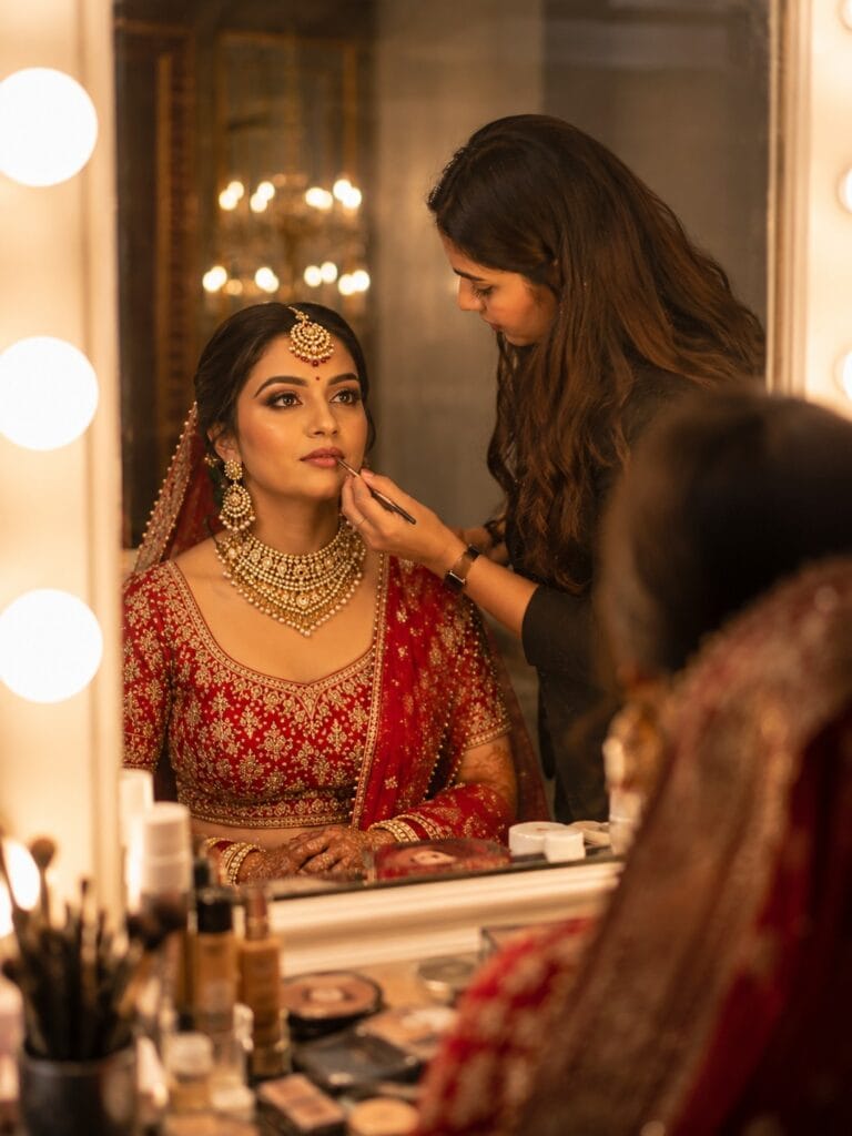 Indian bride getting ready with bridal makeup before wedding ceremony in Varanasi.