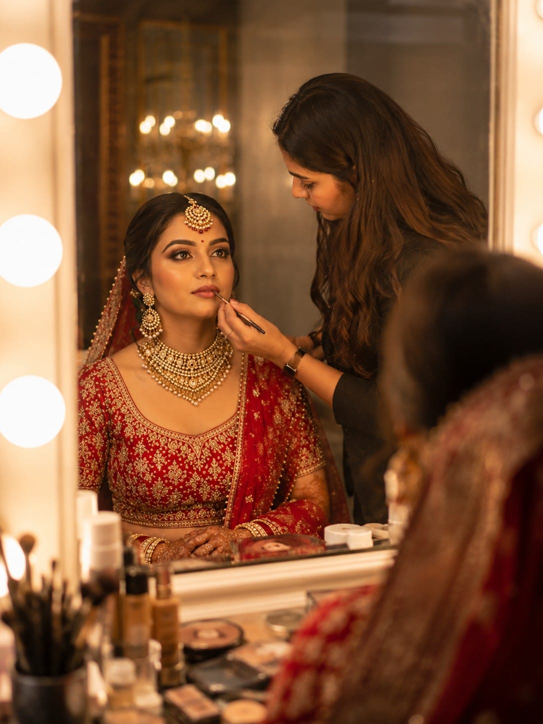 Indian bride getting ready with bridal makeup before wedding ceremony in Varanasi.