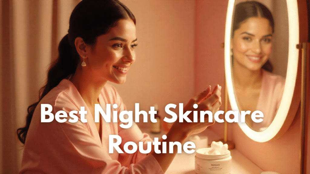 North Indian bride applying skincare at night before wedding day, glowing skin, warm lighting, pastel background