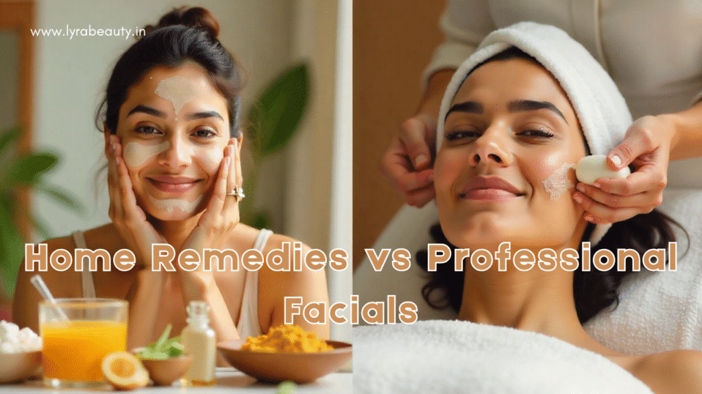 Woman comparing home skincare remedies with professional facials; one side applying natural face mask at home, other side receiving a facial at spa for glowing skin.