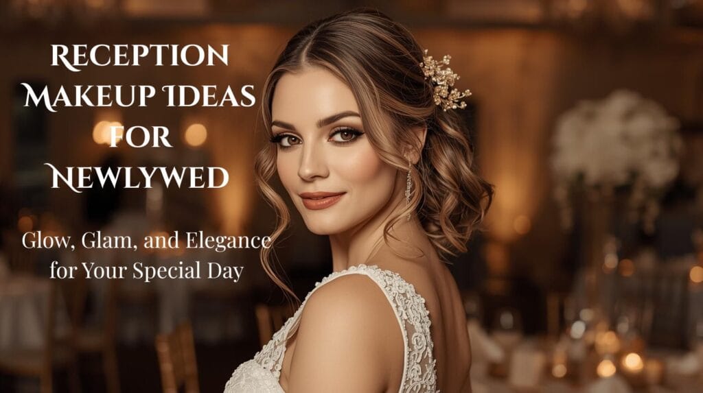 Reception makeup ideas for newlywed bride featuring radiant skin, smokey eyes, and elegant hairstyle by Lyra Beauty”