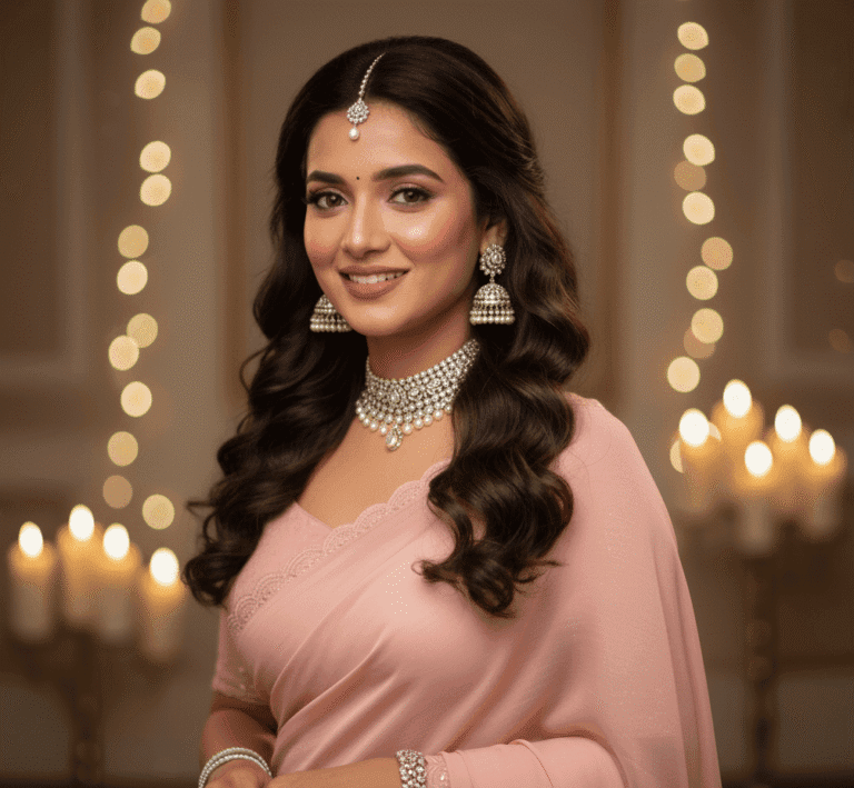 Soft and natural engagement makeup look for Indian women by Lyra Beauty.