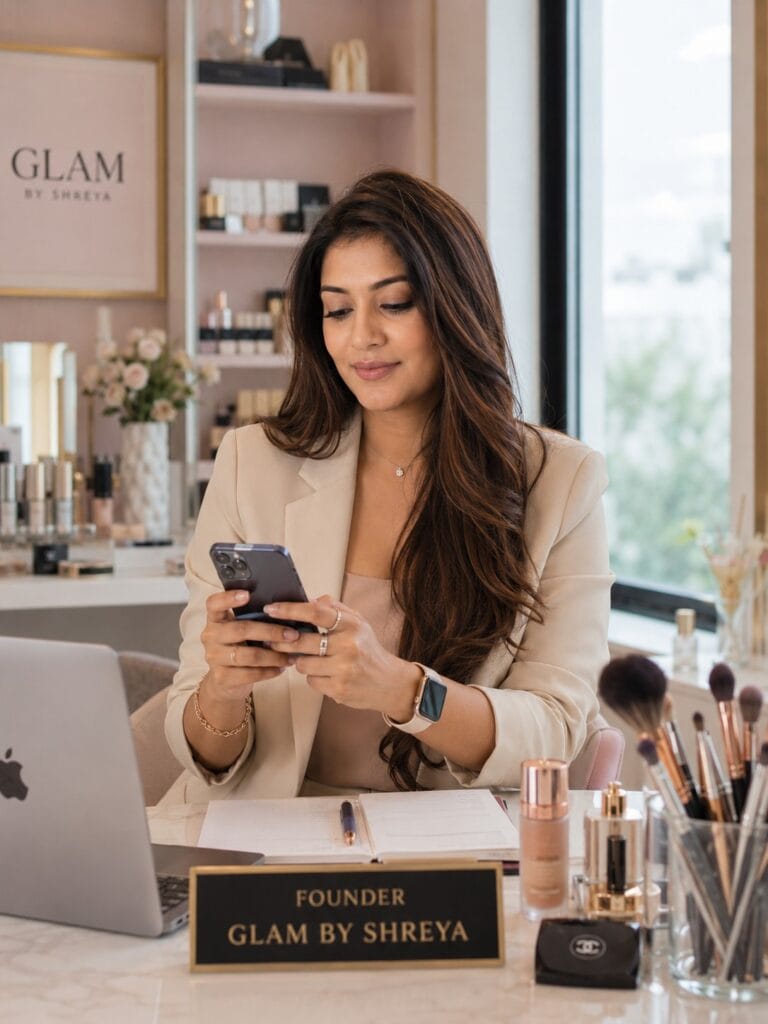 Indian beauty entrepreneur managing Instagram content in modern makeup studio.