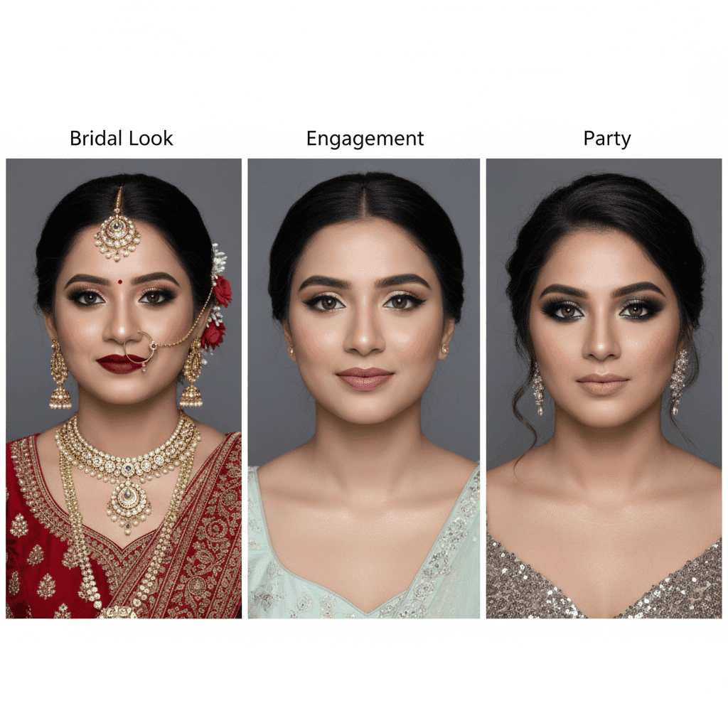 Different makeup styles by Lyra Beauty — bridal, engagement, and party makeup in Varanasi