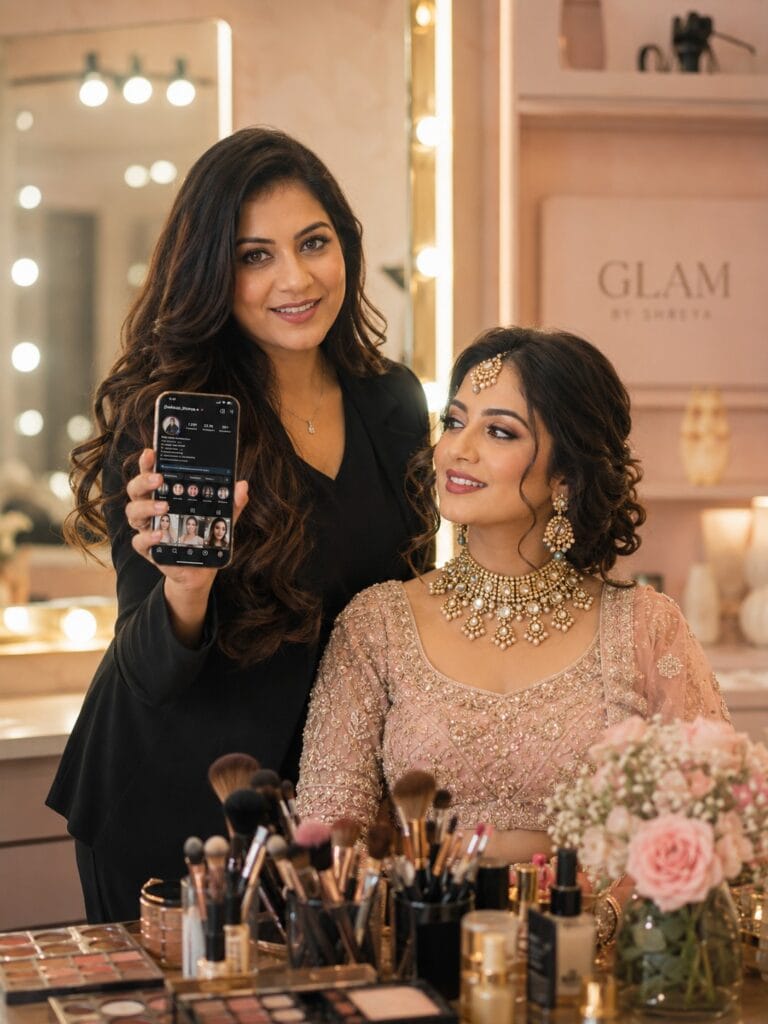Indian bridal makeup artist standing beside bride with Instagram profile visible on smartphone.