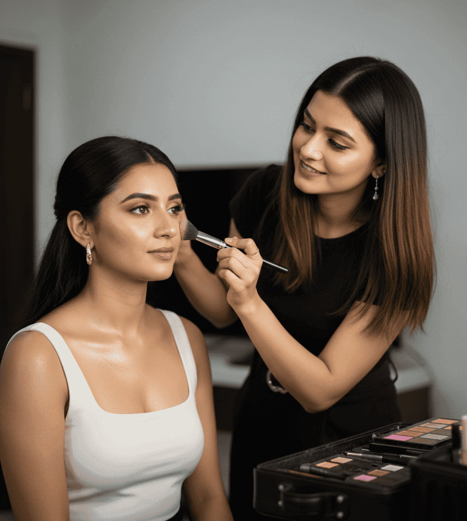 Party makeup artist in Varanasi creating modern and clean makeup look for special events