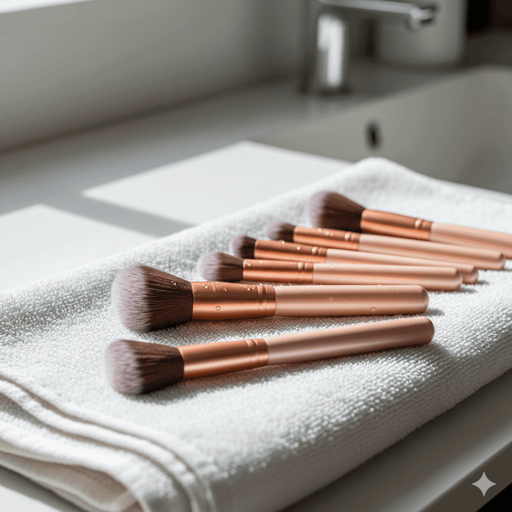 : Makeup artist cleaning brushes using alcohol spray and tissue.