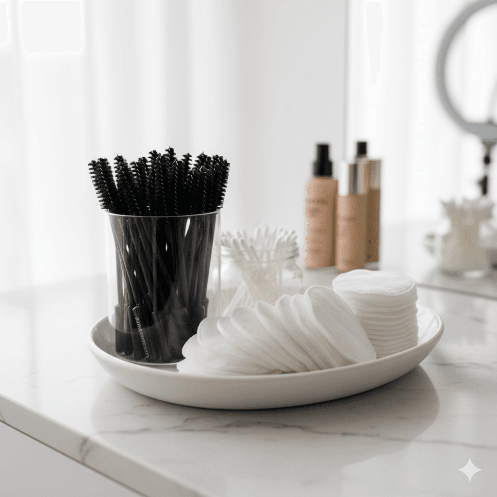 Disposable mascara wands, cotton pads, and applicators arranged neatly.