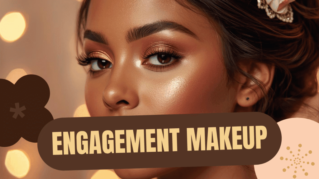Close-up of a woman with dusky skin tone wearing engagement makeup with golden highlighter, peach blush, bronze eyeshadow and soft nude lips