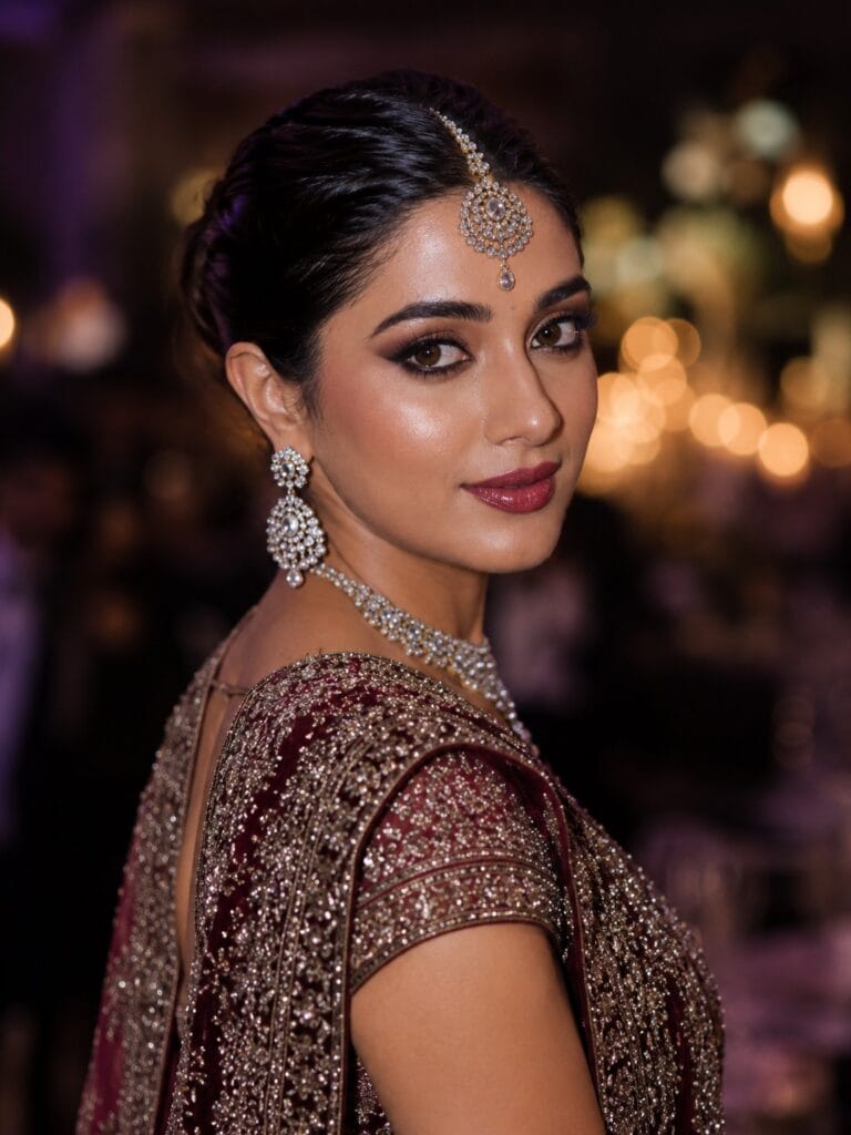 North Indian reception bride with bold glam makeup and luxury wedding styling.