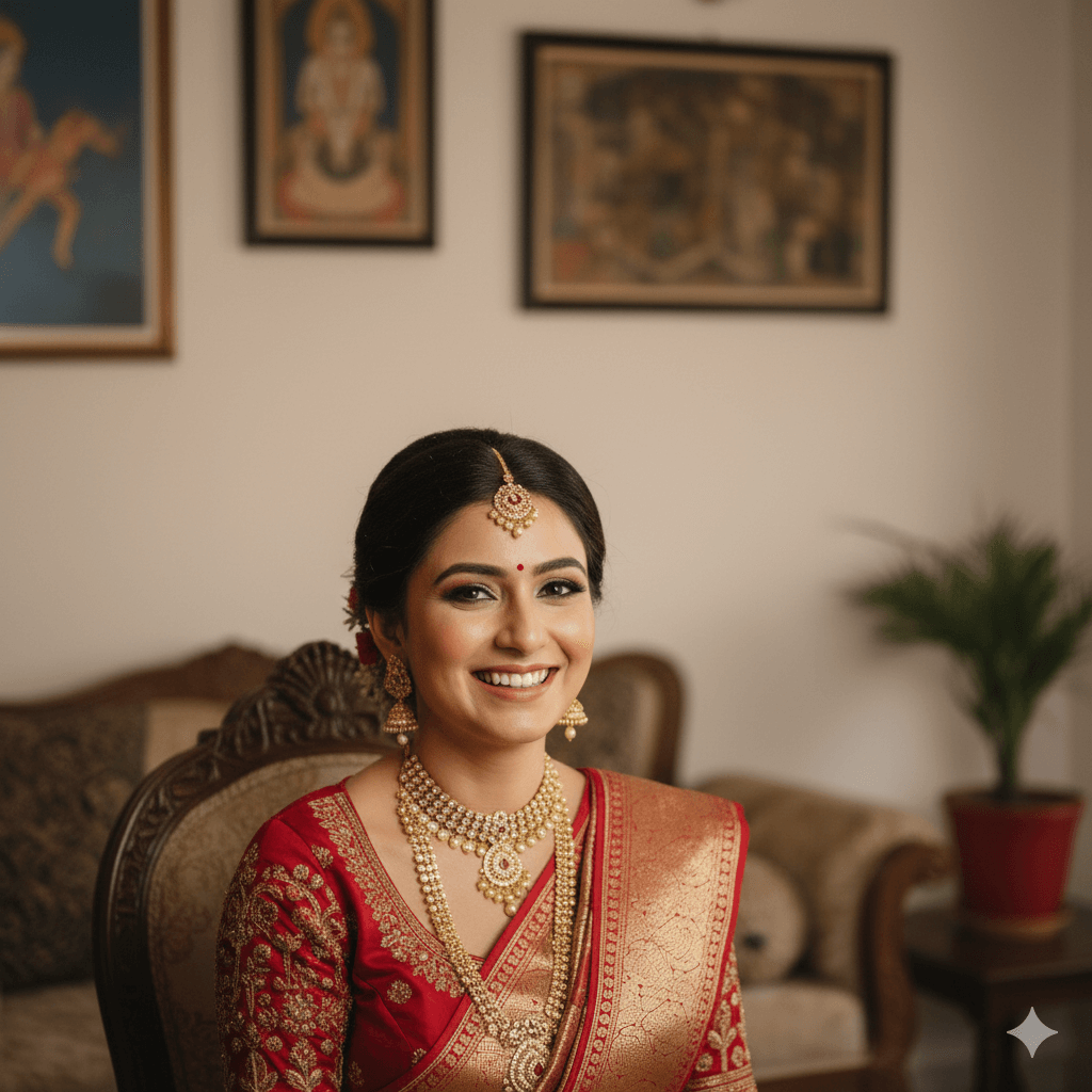 Bride after getting home makeup service by Lyra Beauty in Varanasi