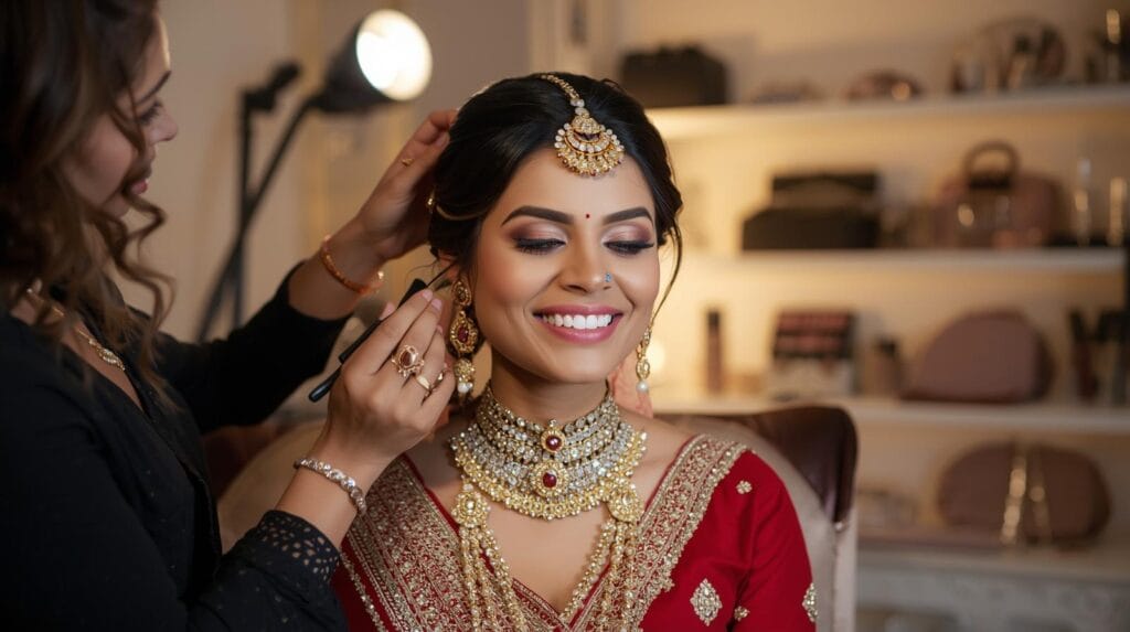 Professional makeup artist building trust with an Indian bride during bridal makeup session.
