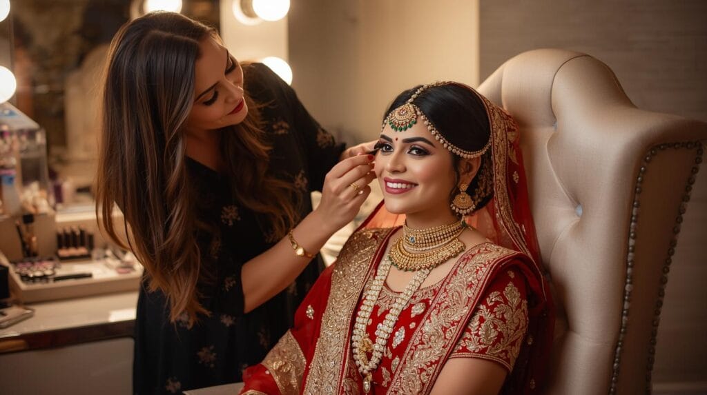 Professional makeup artist building trust with an Indian bride during bridal makeup session.