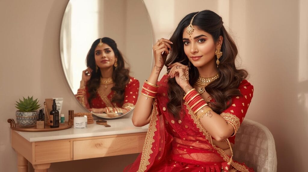 Indian bride applying pre-bridal hair serum for healthy and shiny wedding hair