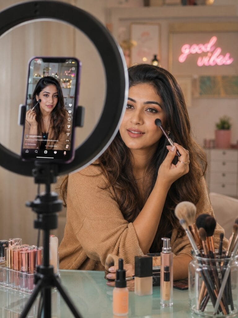 Indian makeup artist recording Instagram beauty reel with ring light and smartphone setup.