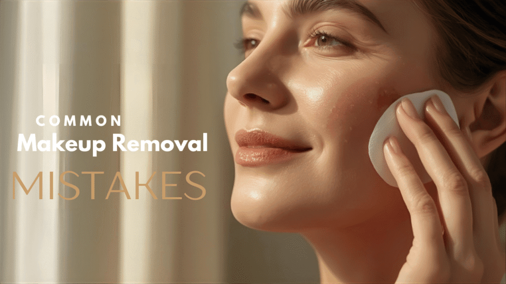 Woman gently removing makeup with cotton pad and micellar water, highlighting common makeup removal mistakes that can damage skin.