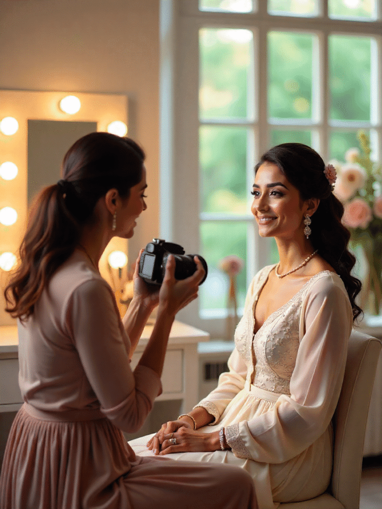Makeup artist photographing a bride in a bright studio, showcasing professional Instagram marketing for freelance makeup artists.