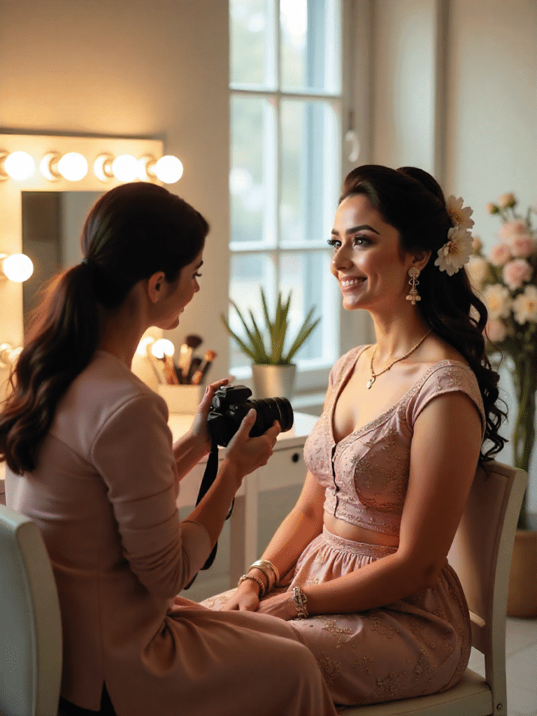 Makeup artist photographing a bride in a bright studio, showcasing professional Instagram marketing for freelance makeup artists.