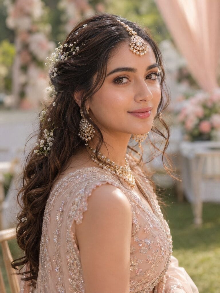 Modern North Indian bride with minimal bridal makeup during outdoor daytime wedding ceremony.