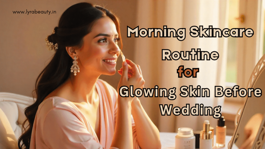 Indian bride following morning skincare routine for glowing skin before wedding, applying serum at her dressing table with skincare products in background.