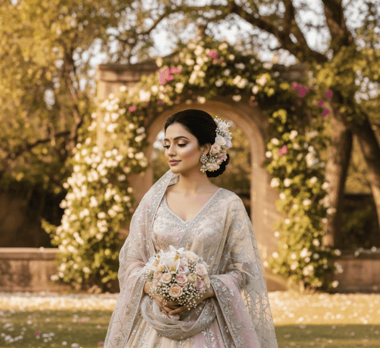 North Indian bride 2026 with modern makeup and pastel lehenga