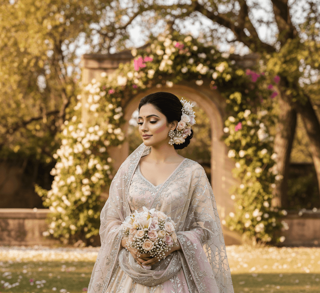 North Indian bride 2026 with modern makeup and pastel lehenga