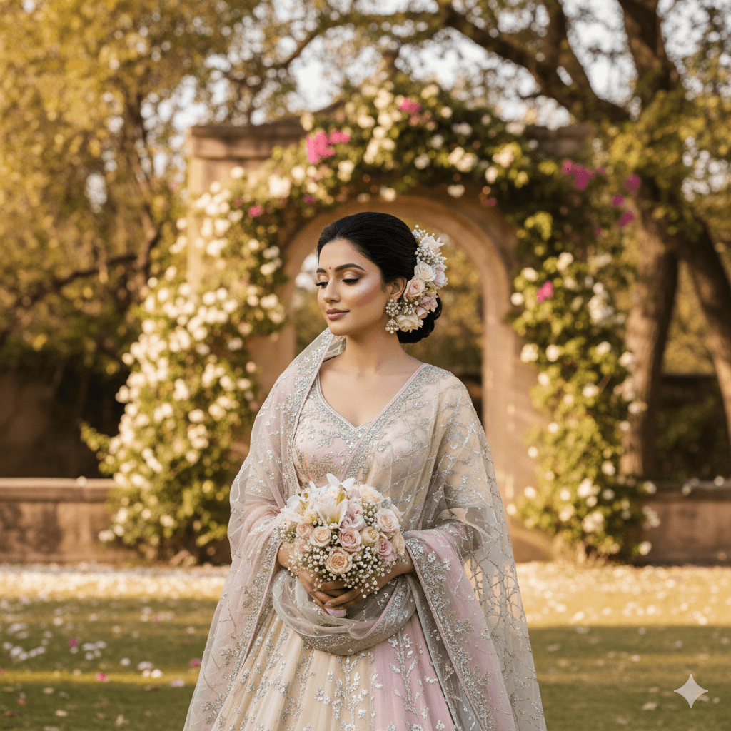 North Indian bride 2026 with modern makeup and pastel lehenga