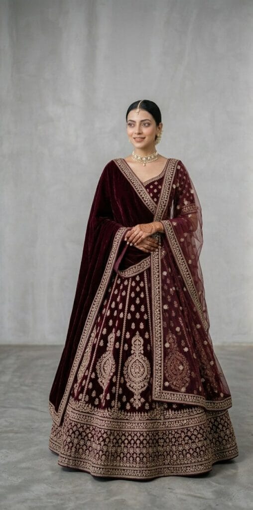 North Indian bride in burgundy velvet lehenga with minimal royal jewellery bridal trend 2026