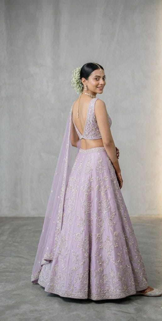 Modern North Indian bride in lavender lehenga with minimal pearl jewellery and dewy makeup 2026 trend
