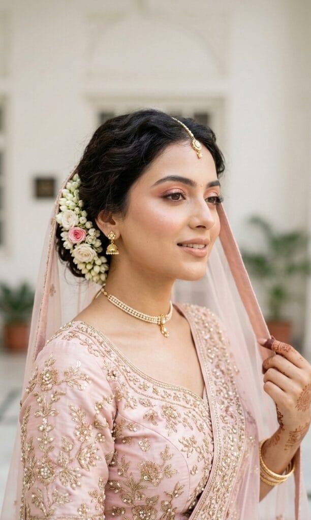 North Indian bride wearing pastel pink lehenga with soft glam makeup and floral hairstyle, trending bridal look 2026