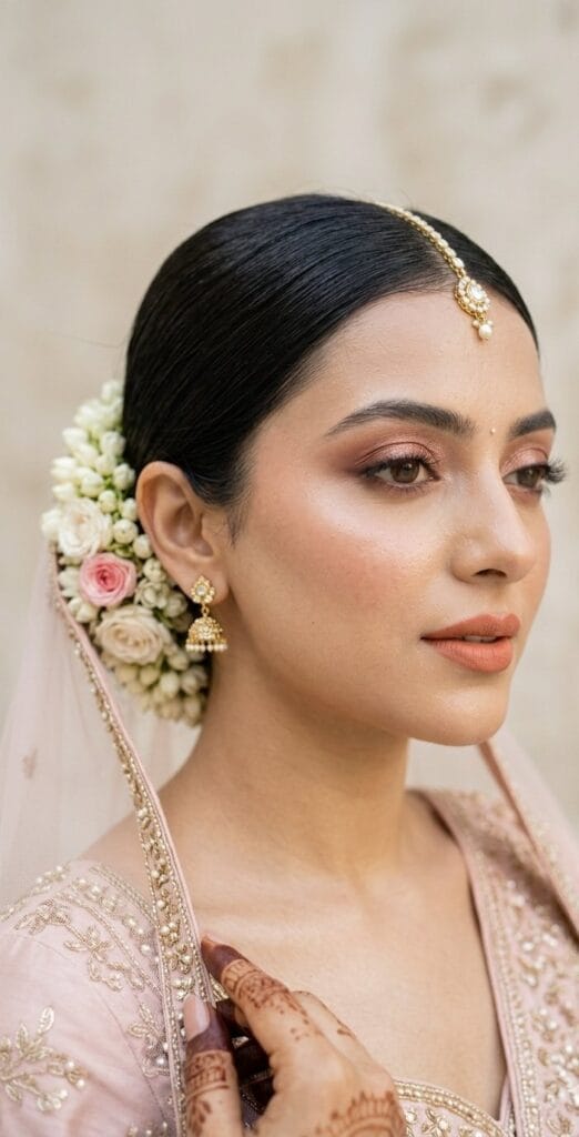Close up of North Indian bride with radiant natural makeup, brown smokey eyes and peach lips 2026 trend